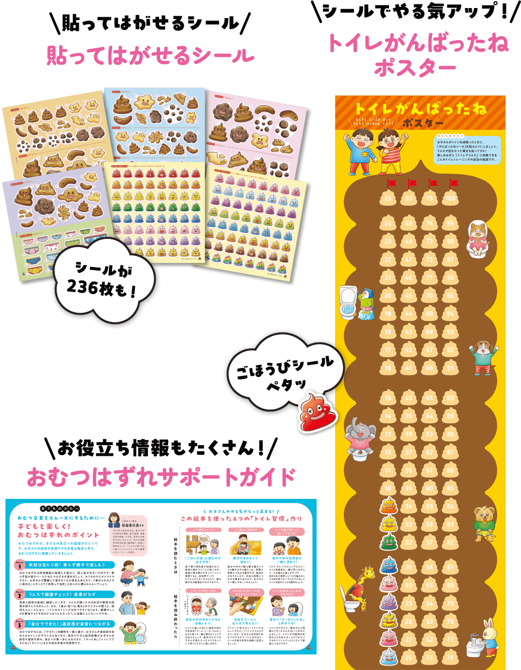 貼ってはがせるシール／トイレがんばったねポスター／おむつはずれサポートガイド