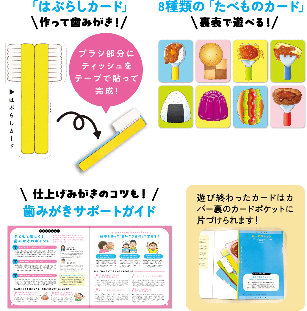 「はぶらしカード」／8種類の「たべものカード」／歯みがきサポートガイド　遊び終わったカードはカバー裏のカードポケットに片づけられます！
