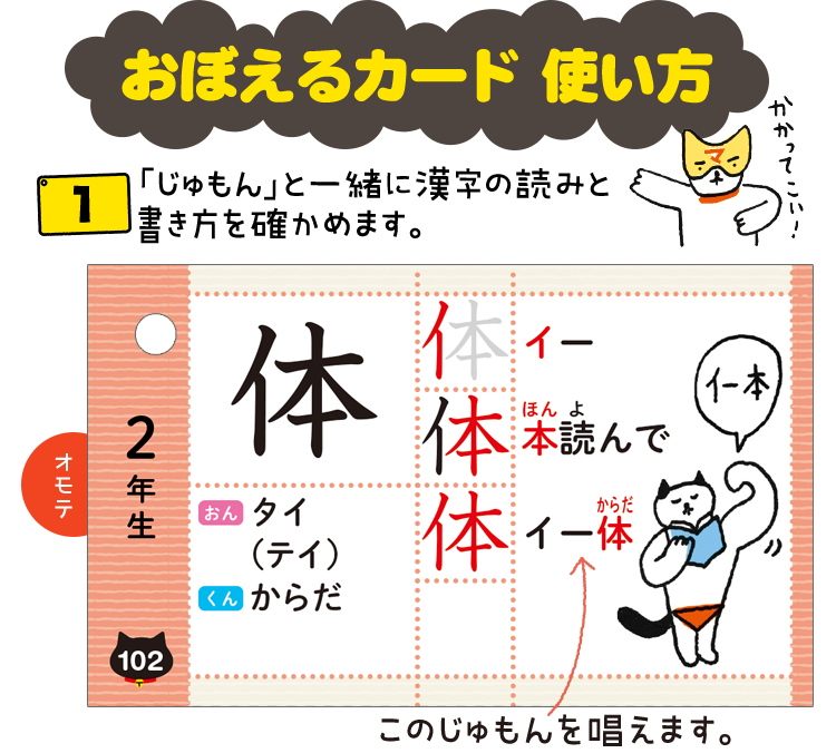 おぼえるカード 使い方１、「じゅもん」と一緒に漢字の読みと書き方を確かめます。